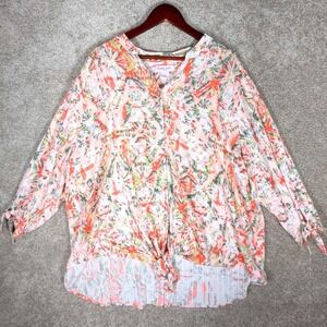 Allison Daley Woman 3X Blouse Coral Green Ikat Abstract Tie Front Rayon Top NEW